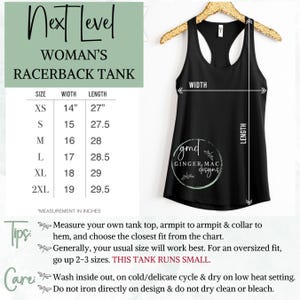 Next Level tank size chart, tips for sizing & care of garment.