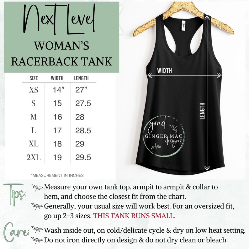 Next Level tank size chart, tips for sizing & care of garment.