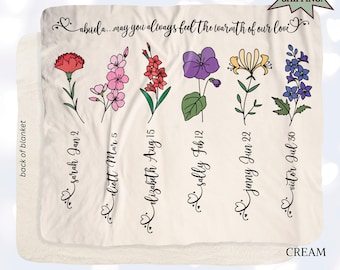 Personalized Grandmother Birth Flower Blanket; Unique Grandma Birthday or Mother’s Day Gift + Grandchildren Names & Birthdays; Sherpa Fleece