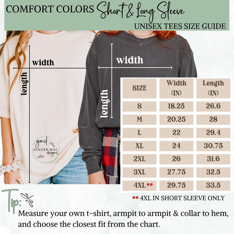Comfort Colors long & short sleeve t-shirt size chart, tips for sizing & care of garment.