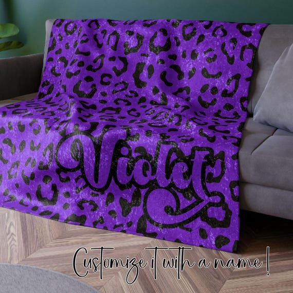 Y2K Purple & Black Leopard Spots Crushed Velvet Blanket, Customize with Name; Trendy Gift for Teens, Goths, Girly Girls,  Besties, Ladies