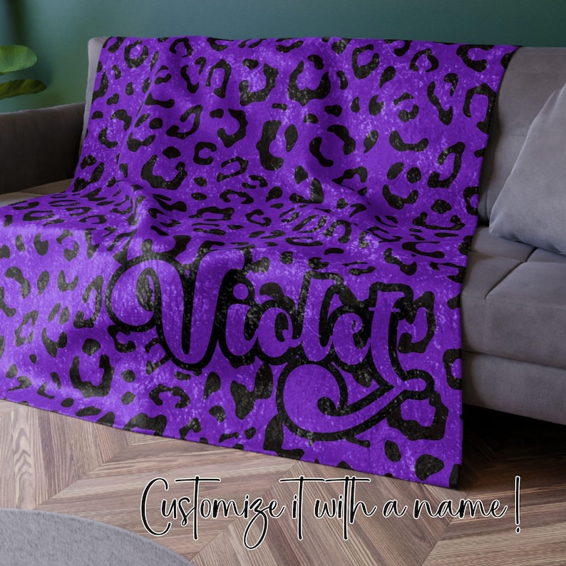 50x60 inch Crushed Velvet Blanket with purple & black Y2K inspired leopard pattern design. Can be customized with a name, in decorative retro font.