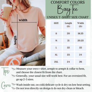 Comfort Colors Boxy Tee size chart, tips for sizing & care of garment.