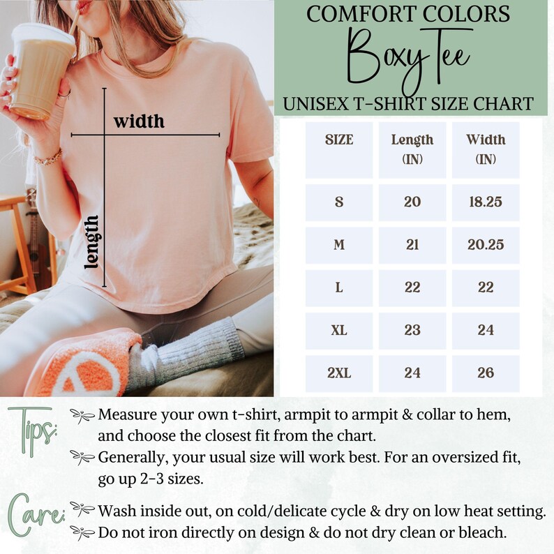 Comfort Colors Boxy Tee size chart, tips for sizing & care of garment.