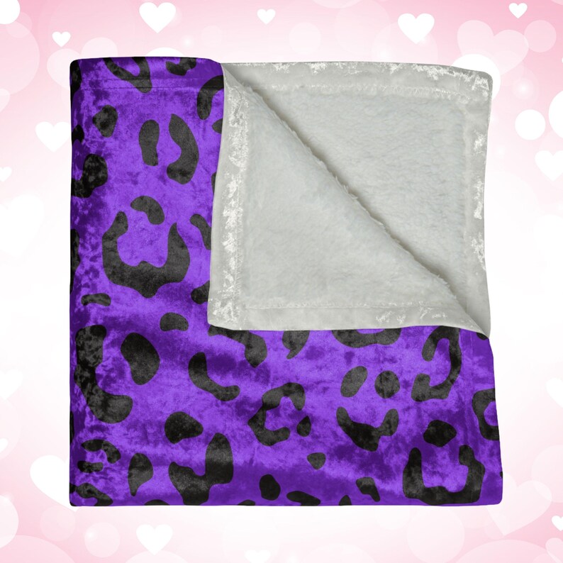 50x60 inch Crushed Velvet Blanket with purple & black Y2K inspired leopard pattern design. Can be customized with a name, in decorative retro font.