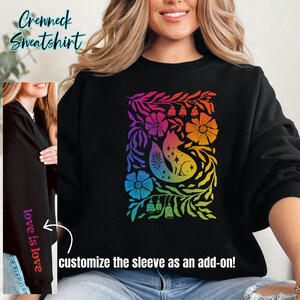 Black Shirts (Comfort Colors long or short sleeve or boxy tee, Gildan hoodie or crewneck sweatshirt or Next Level racerback tank) featuring Cottagecore Fox design in the subtle colors of the Gay Pride flag. LONG sleeves can be customized by adding on my sleeve customization listing in my shop.