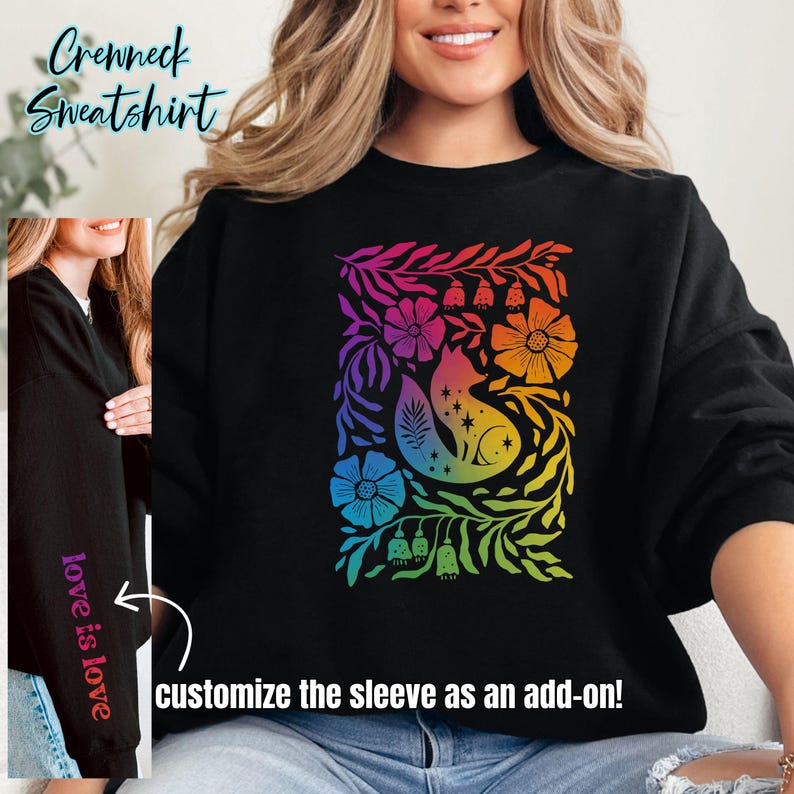Black Shirts (Comfort Colors long or short sleeve or boxy tee, Gildan hoodie or crewneck sweatshirt or Next Level racerback tank) featuring Cottagecore Fox design in the subtle colors of the Gay Pride flag. LONG sleeves can be customized by adding on my sleeve customization listing in my shop.