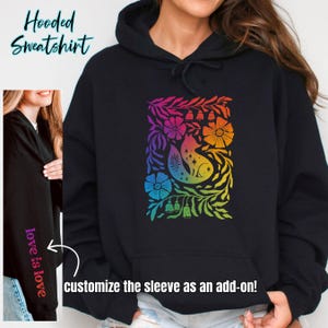 Black Shirts (Comfort Colors long or short sleeve or boxy tee, Gildan hoodie or crewneck sweatshirt or Next Level racerback tank) featuring Cottagecore Fox design in the subtle colors of the Gay Pride flag. LONG sleeves can be customized by adding on my sleeve customization listing in my shop.