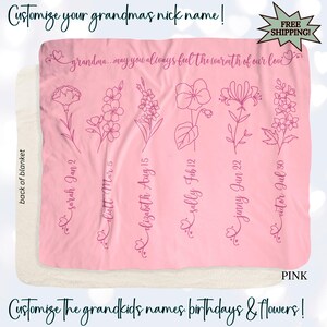 Customized Grandmother Monochrome Birth Flower Sherpa Blanket; Unique Grandma Birthday or Mother’s Day Gift; Grandchildren Names & Birthdays
