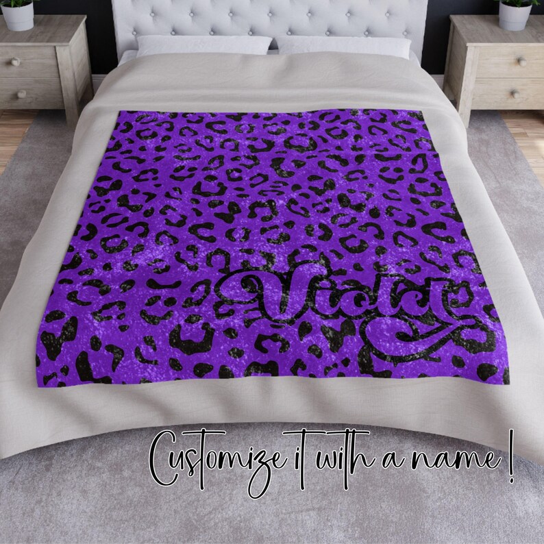 50x60 inch Crushed Velvet Blanket with purple & black Y2K inspired leopard pattern design. Can be customized with a name, in decorative retro font.