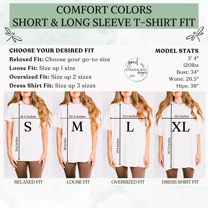 Guide for choosing your Comfort Colors long & short sleeve tee sizes.