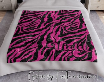 Y2K Hot Pink & Black Zebra Stripes Crushed Velvet Blanket, Customize with Name; Trendy Gift for Teens, Goths, Girly Girls,  Besties, Ladies