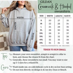 Gildan crewneck & hooded sweatshirt size chart, tips for sizing & care of garment.