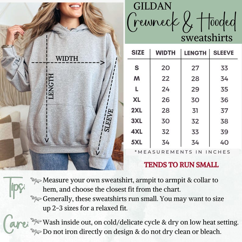 Gildan crewneck & hooded sweatshirt size chart, tips for sizing & care of garment.