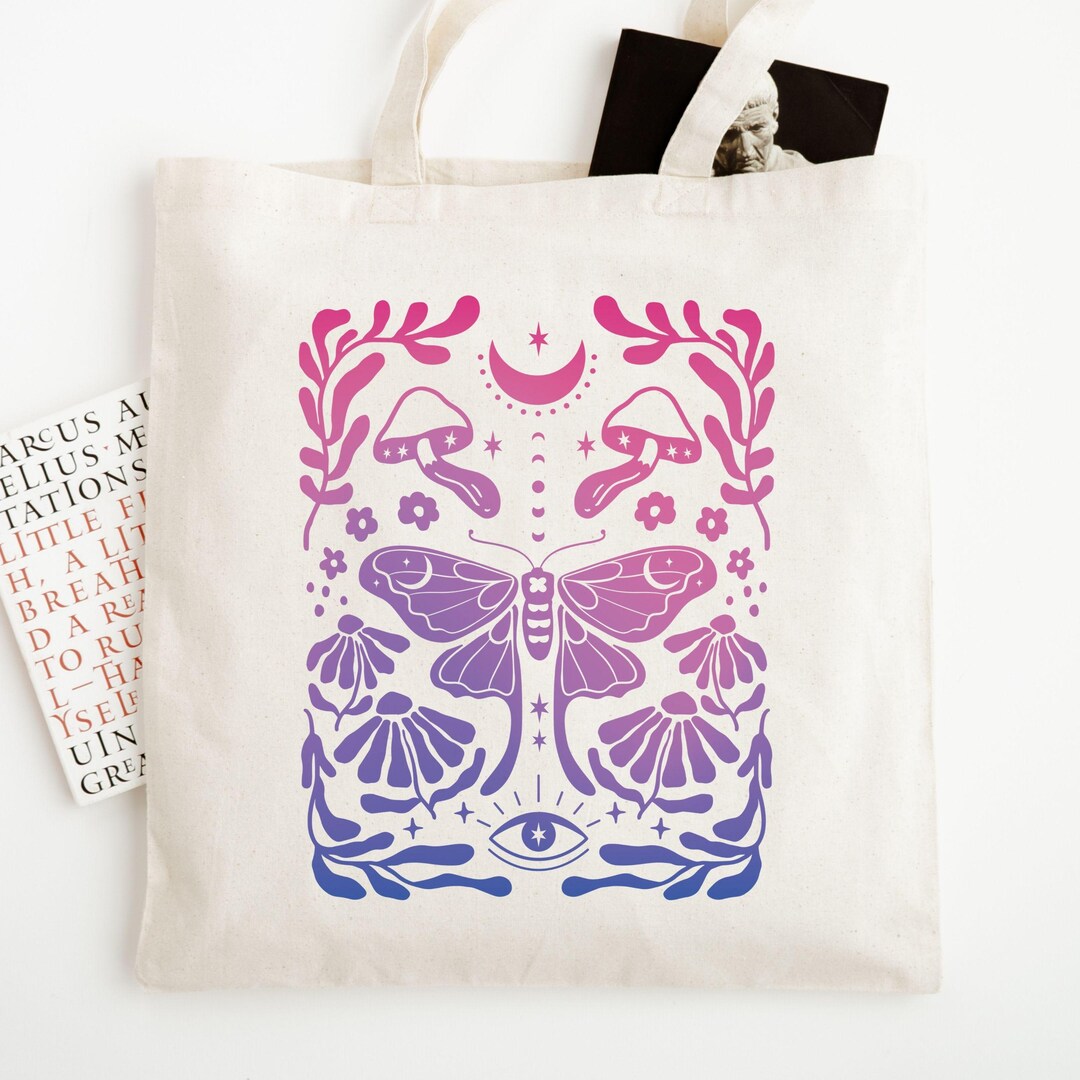 Subtle Bi Bag Cottagecore Moth Bi Pride Tote Bag; Customizable LGBTQ Witchy Aesthetic ...