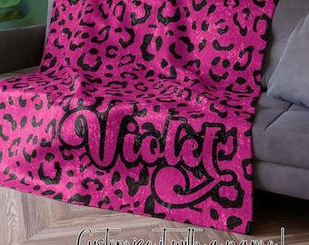 Y2K Hot Pink & Black Leopard Spots Crushed Velvet Blanket, Customize with Name; Trendy Gift for Teens, Goths, Girly Girls,  Besties, Ladies