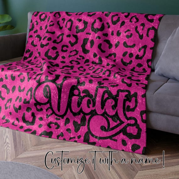 Y2K Hot Pink & Black Leopard Spots Crushed Velvet Blanket, Customize with Name; Trendy Gift for Teens, Goths, Girly Girls,  Besties, Ladies