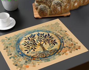 Shabbos Challah Cover &quot;Shabbat Shalom&quot; Tree of Life, gift for Jewish family, design inspired by Israeli Ancient mosaics, 1pc