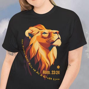Rising Lion Inspirational Jewish T-Shirt, Bold Lion Artwork, Torah Verse Numbers 23:24, Bible based Pro Israeli Unisex Cotton Tee Shirt gift