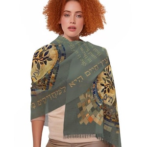 Tree of Life Light Scarf gift, Shabbat Shalom Jewish Saturday head cover for women, design inspired by Ancient Israeli Mosaics, Tanach Quote