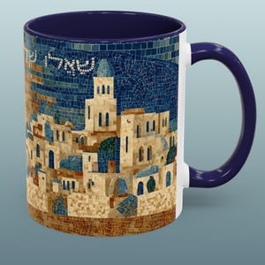 May include: A ceramic mug with a mosaic design depicting a cityscape with a tower and arched doorways. The mug has a white exterior, a dark blue interior, and a dark blue handle. The design features shades of brown, blue, and beige.