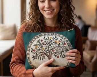 May include: Teal-colored zippered pouch featuring a mosaic-style tree design with red, yellow, and green fruit. The pouch has a gold-colored zipper and a rectangular shape. The tree design is centered on the pouch.