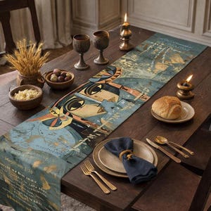 May include: A long table runner featuring a blue and gold graphic print of stylized faces and text including "Megillath 1:16". The runner is laid across a dark wooden table set with ceramic plates, a dark blue napkin, metal cutlery, and candles.