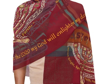 May include: A red, gold, and blue patterned scarf with the text "the LORD my God will enlighten my darkness" in yellow. The scarf also features the words "Shine Bright, Spring, Faith, Freedom, and Sin".