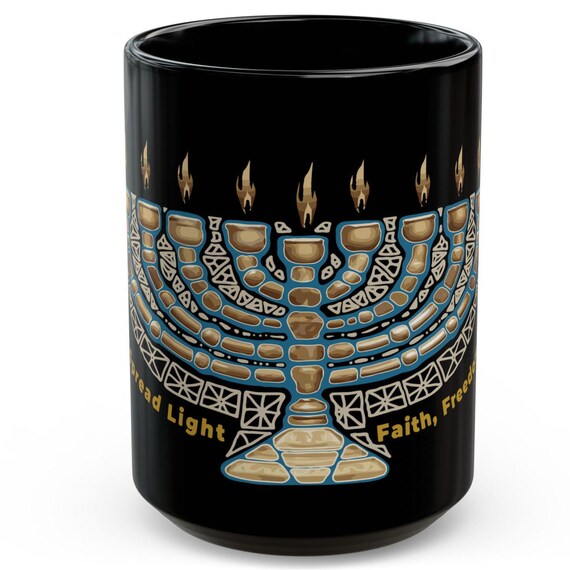 Hanukkah Gift, Jewish Holiday Mug, Hanukiyah Lamp Black Ceramic