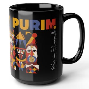Purim gift Black Ceramic Mug 15oz, Purim Spiel cup, Book of Esther Megillah, for such a time as this, PurimShpiel Funny Characters