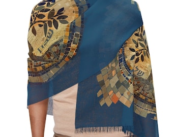 Tree of Life Light Scarf, Shabbat Shalom Jewish Holiday Judaica gift, Design inspired by Israeli Antique Mosaics, Sabbath Day