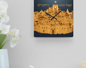 Pray for the Peace of Jerusalem, Acrylic Round, Square Wall Clock, Shalu Shalom Yerushalaim