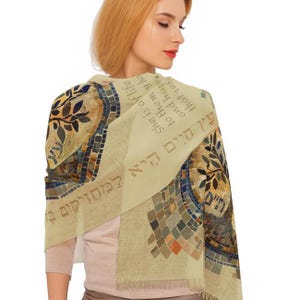 Tree of Life Light Scarf Gift, Shabbat Shalom, Saturday Jewish women head cover, design inspired by Israeli Antique Mosaics