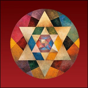 Pode incluir: Uma obra de arte geométrica colorida com uma estrela dentro de um círculo. O design incorpora triângulos e losangos em tons de ouro, azul, verde, vermelho e amarelo. O fundo é vermelho escuro.