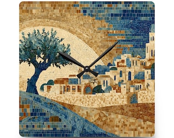 May include: Square wall clock featuring a mosaic-style image of a village with an olive tree. The clock face has a beige, blue, and brown color scheme. Black clock hands indicate the time. The clock is square and has a white background.
