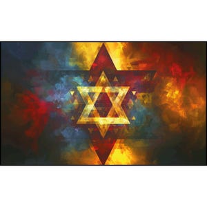Pode incluir: Obra de arte abstrata com uma Estrela de David em tons de amarelo, laranja, vermelho e azul. A estrela é o ponto focal, contra um fundo texturizado e colorido. O design tem um tema geométrico e espiritual.