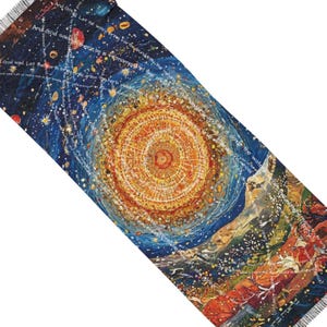 May include: A rectangular scarf with a celestial design. The artwork features a central sun-like spiral in shades of orange and yellow, surrounded by a deep blue space with stars and text. The scarf has a fringed edge.