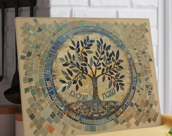 Tree of Life Glass Cutting Board, Shabbat Shalom Jewish Israeli traditional gift, Shabbos Challah Tray inspired by Ancient Hebrew Mosaic