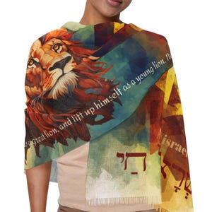 Rising Lion Light Scarf, Jewish Magen David, Am Yisrael Chai, Torah Bible verse Numbers 23:24, Pro Israeli gift for Israel Supporter