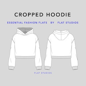 May include: A white cropped hoodie with a drawstring hood. The hoodie has long sleeves and a ribbed hem. The text "CROPPED HOODIE" is at the top of the image, and the text "ESSENTIAL FASHION FLATS BY FLAT STUDIOS" is below it. The text "FLAT STUDIOS" is at the bottom of the image.