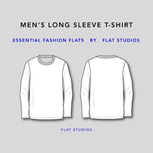 May include: A white long-sleeve t-shirt design, front and back views, with a grey crew neck. The text "MEN'S LONG SLEEVE T-SHIRT" is at the top, with "ESSENTIAL FASHION FLATS BY FLAT STUDIOS" below. The brand name "FLAT STUDIOS" is at the bottom.