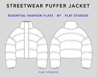 Streetwear Puffer Jacket - oversized unisex, vector CAD, technical drawing, digital download, fashion flat sketch for Adobe Illustrator