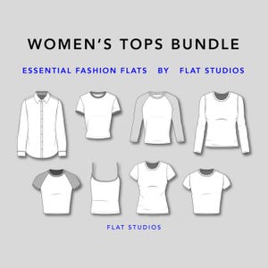 May include: A collection of women's tops in a bundle, including a button-down shirt, t-shirts, a tank top, and raglan shirts. The text reads "WOMEN'S TOPS BUNDLE" and "ESSENTIAL FASHION FLATS BY FLAT STUDIOS".