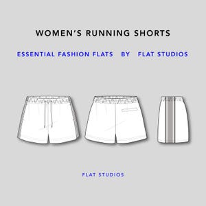 May include: White running shorts with drawstring waistbands and a back pocket are displayed. The text "WOMEN'S RUNNING SHORTS" and "ESSENTIAL FASHION FLATS BY FLAT STUDIOS" are at the top. The brand name "FLAT STUDIOS" is at the bottom.