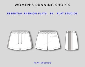 Pantalones cortos de running para mujer: parte inferior de ropa femenina, boceto vectorial, dibujo técnico, descarga digital, diseño CAD plano de moda para Adobe Illustrator.