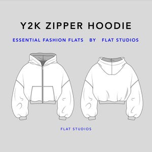 Może przedstawiać: Liniowy rysunek białej bluzy z kapturem z kapturem, długimi rękawami i zamkiem błyskawicznym z przodu. Bluza jest krótka i ma kieszeń kangurkę z przodu. Rysunek znajduje się na szarym tle z tekstem "Y2K ZIPPER HOODIE" i "ESSENTIAL FASHION FLATS BY FLAT STUDIOS" u góry i "FLAT STUDIOS" na dole.