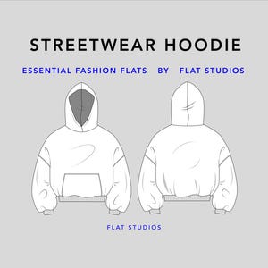 Puede incluir: Una sudadera con capucha blanca con un bolsillo canguro en la parte delantera. La sudadera se muestra desde el frente y la espalda. El texto "STREETWEAR HOODIE" está en la parte superior de la imagen y el texto "ESSENTIAL FASHION FLATS BY FLAT STUDIOS" está debajo. El texto "FLAT STUDIOS" está en la parte inferior de la imagen.