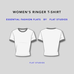 May include: A white ringer t-shirt with gray trim on the collar and sleeves. The image shows the front and back of the shirt. Text on the image reads "WOMEN'S RINGER T-SHIRT" and "ESSENTIAL FASHION FLATS BY FLAT STUDIOS."