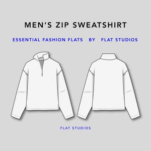 Può includere: Illustrazione piatta di una felpa bianca con zip. Sono mostrate le viste anteriore e posteriore, con collo alto e zip parziale. Il testo in alto recita "MEN'S ZIP SWEATSHIRT". Sotto, "ESSENTIAL FASHION FLATS BY FLAT STUDIOS".