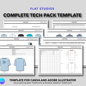 May include: A complete tech pack template from Flat Studios. The template includes multiple pages with design sketches, color palettes, and measurement charts. The template is for Canva and Adobe Illustrator. The text "YOUR LOGO" is visible on the pages.